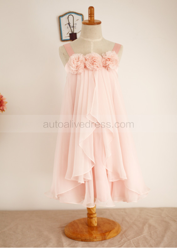 Blush Pink Chiffon Knee Length Flower Girl Dress With Handmade Flowers